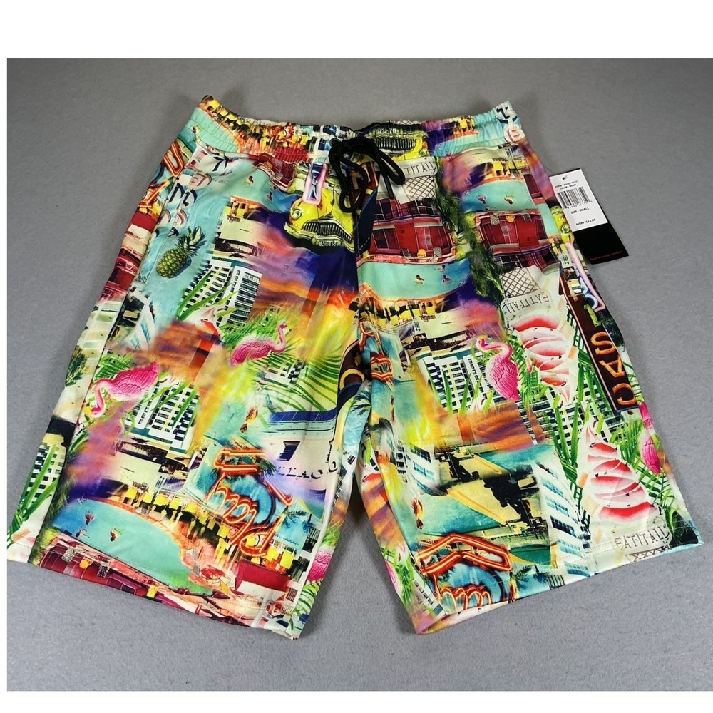 Good Vibes Miami Beach Swim Trunks Men's Small Tropical Flamingo Shorts NWT